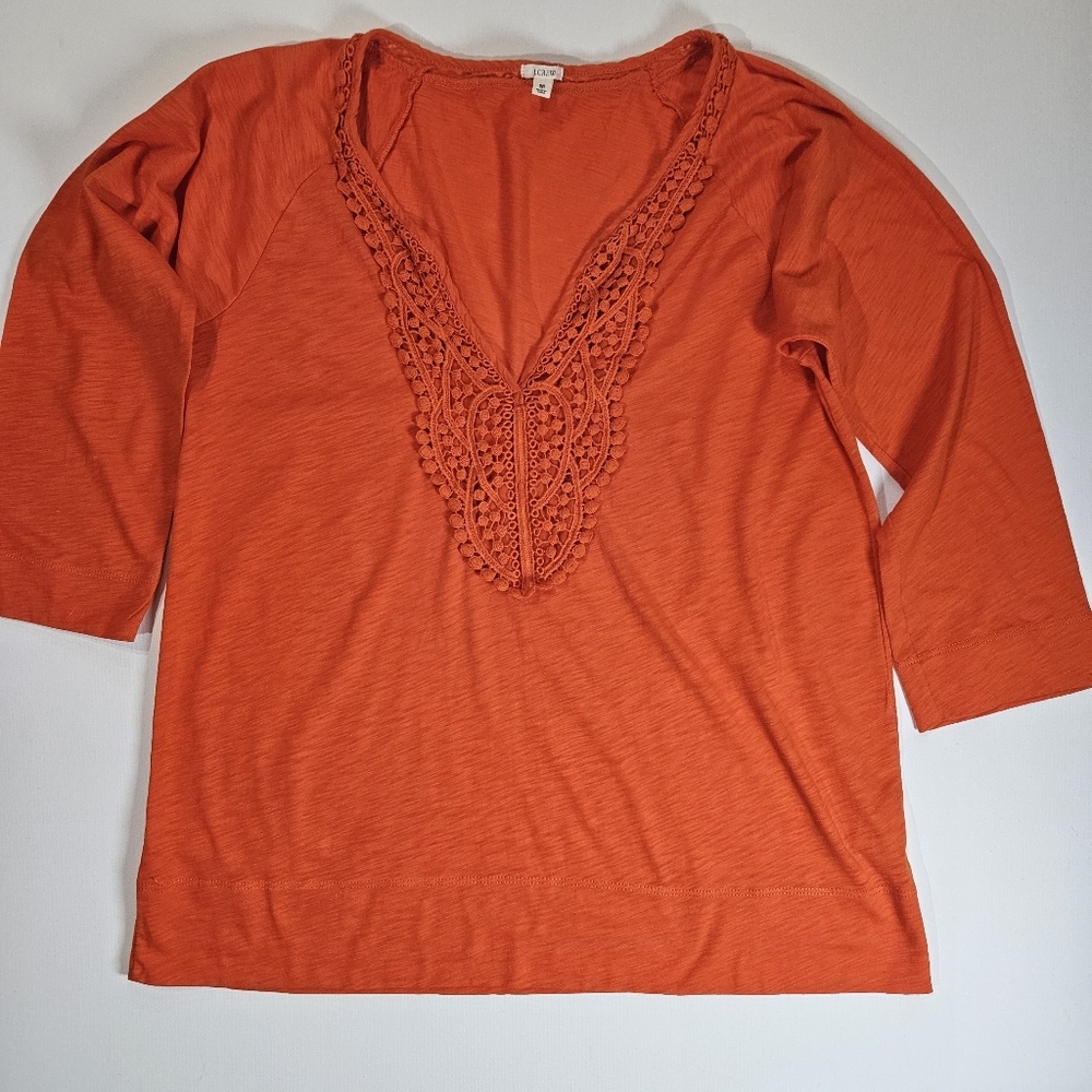J. Crew Blouse Womens Medium Orange Lace V-neck 3/4 Sleeve Casual Essential Top‎